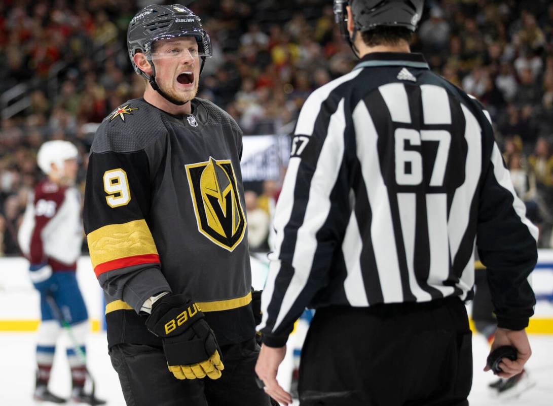 Golden Knights center Jack Eichel (9) pleads his case to a referee in the third period during a ...