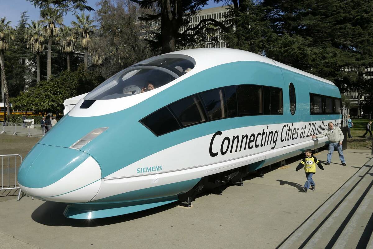 A full-scale mock-up of a high-speed train, is displayed at the Capitol in Sacramento, Calif., ...