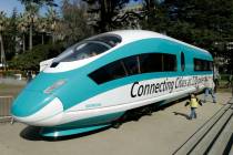 A full-scale mock-up of a high-speed train, is displayed at the Capitol in Sacramento, Calif., ...