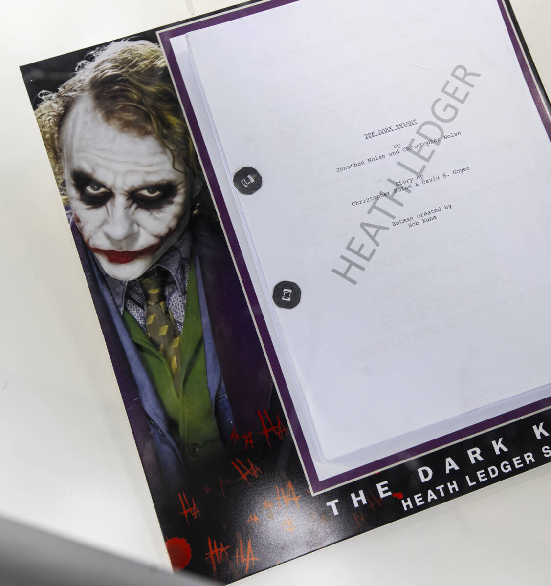 A script for Heath Ledger in “The Dark Knight” is seen during a preview of The Movie Prop E ...