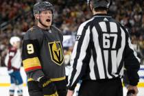 Golden Knights center Jack Eichel (9) pleads his case to a referee in the third period during a ...