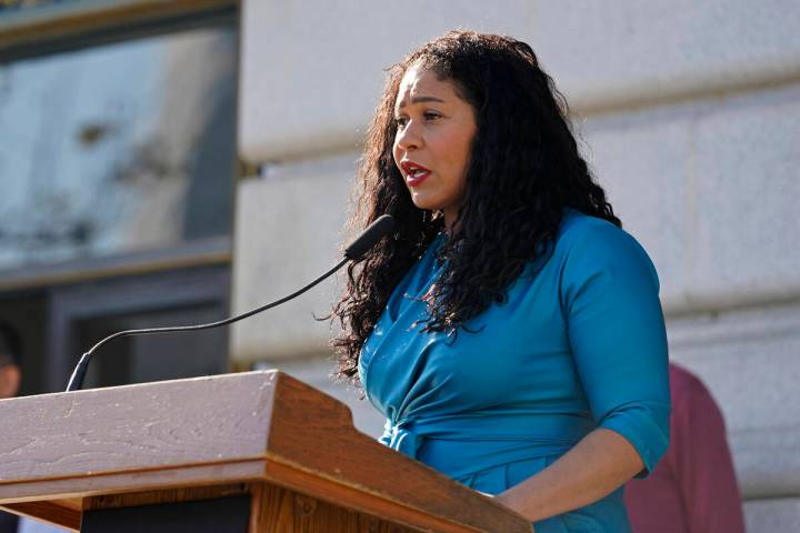 FILE - San Francisco Mayor London Breed speaks during a briefing outside City Hall in San Franc ...