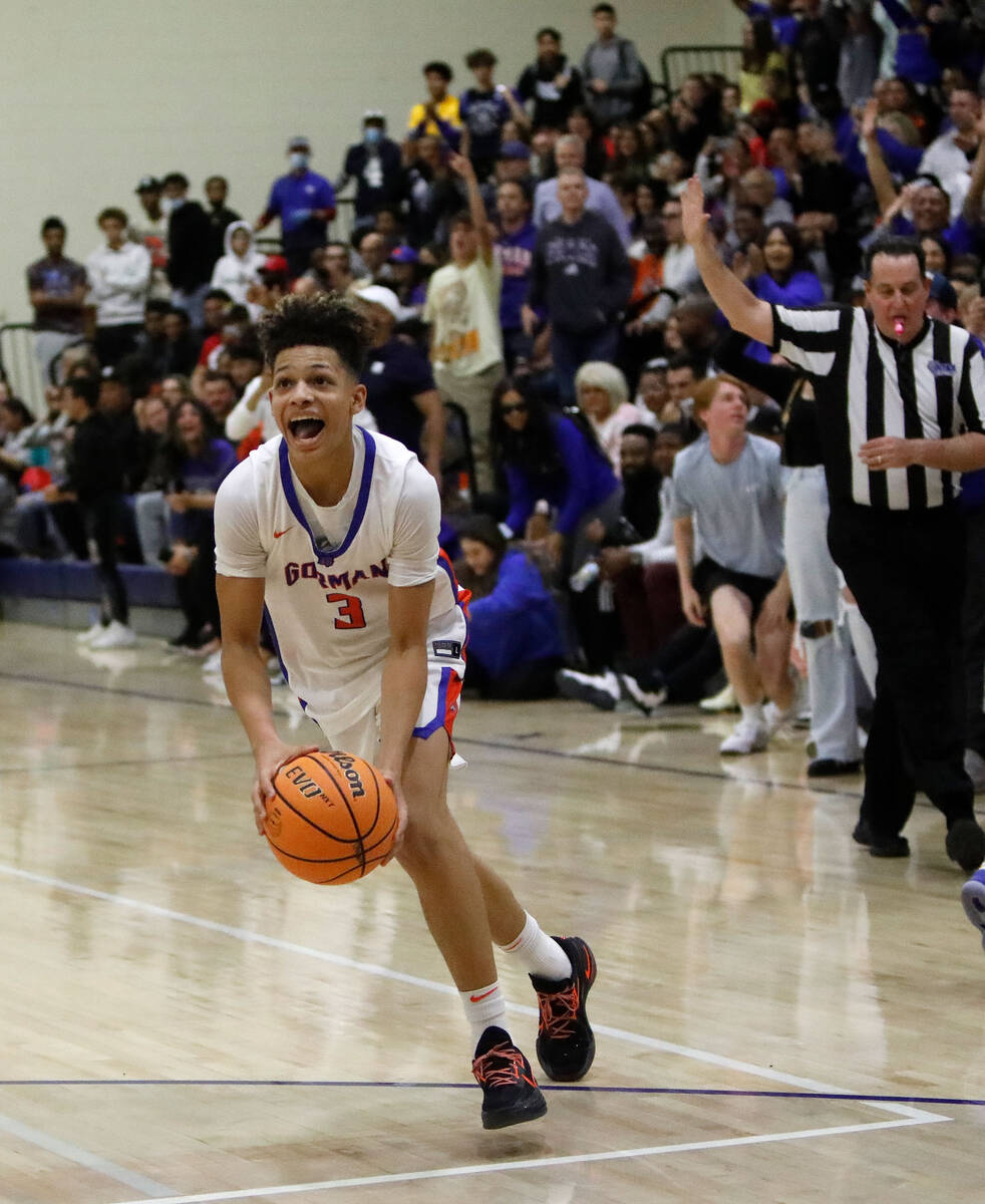 Bishop Gorman High School's John Mobley jr.(3) reacts after their victory against Liberty High ...