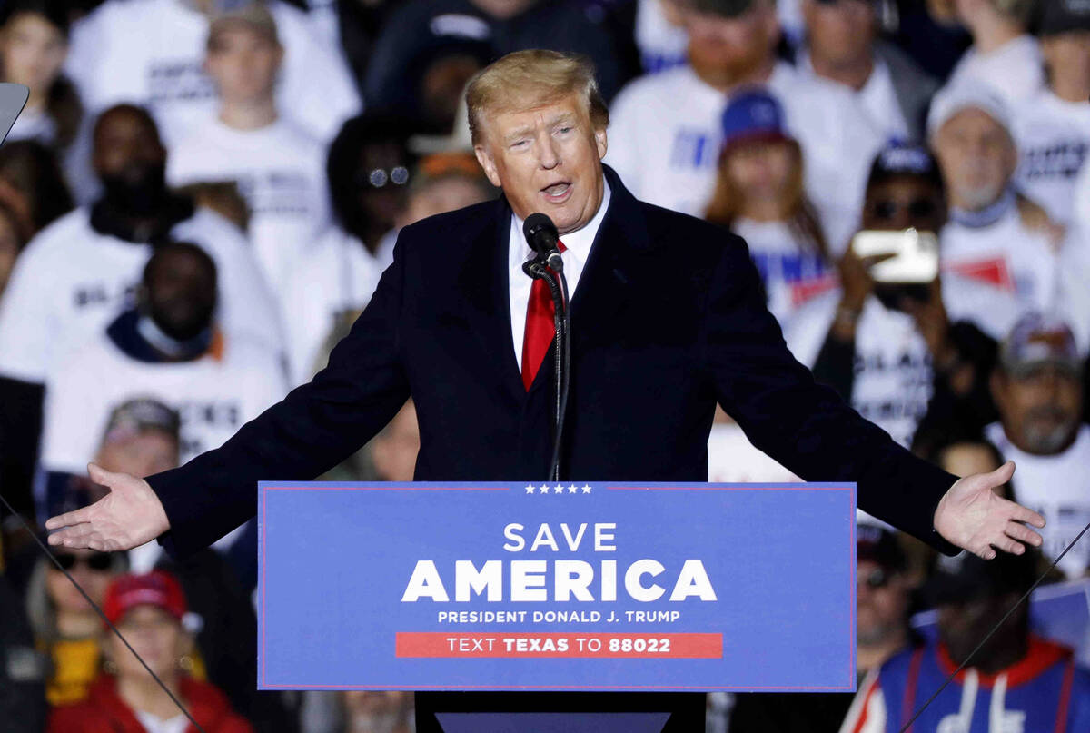 Former President Donald Trump speaks at a rally, Saturday, Jan. 29, 2022, in Conroe, Texas. (Ja ...