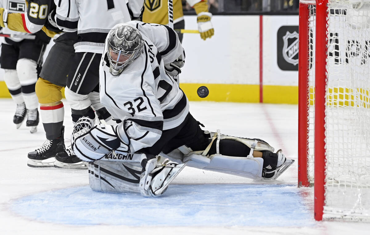 Los Angeles Kings goaltender Jonathan Quick gives up a goal to the Vegas Golden Knights during ...