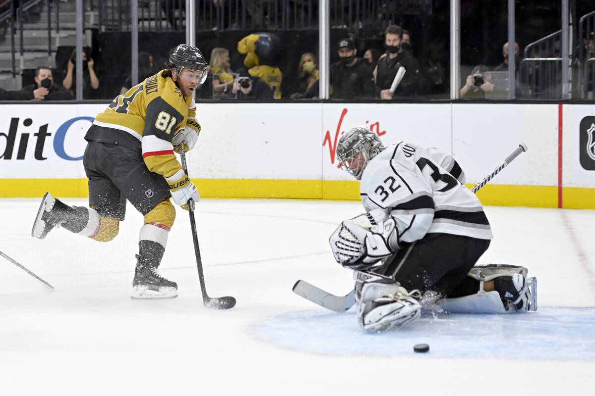 Vegas Golden Knights center Jonathan Marchessault (81) shoots against Los Angeles Kings goalten ...