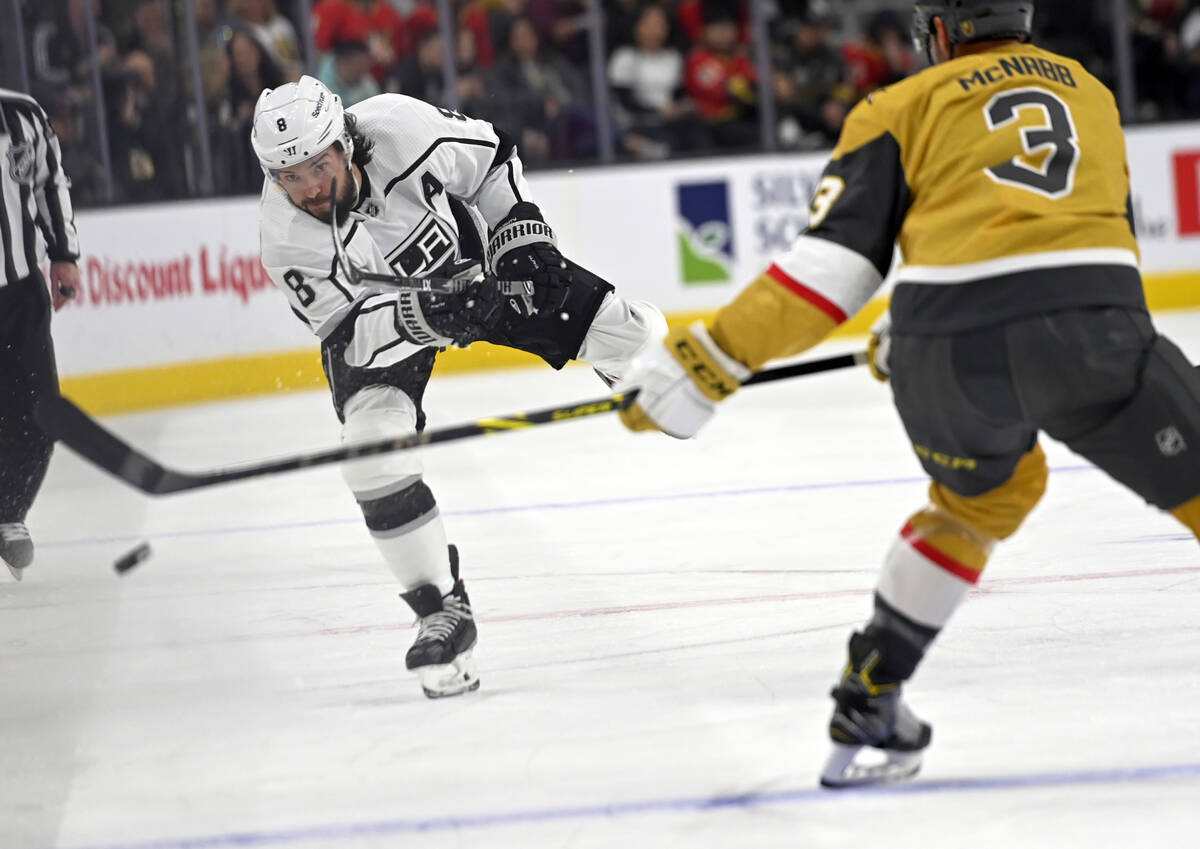 Los Angeles Kings defenseman Drew Doughty (8) fires the puck past Vegas Golden Knights defensem ...