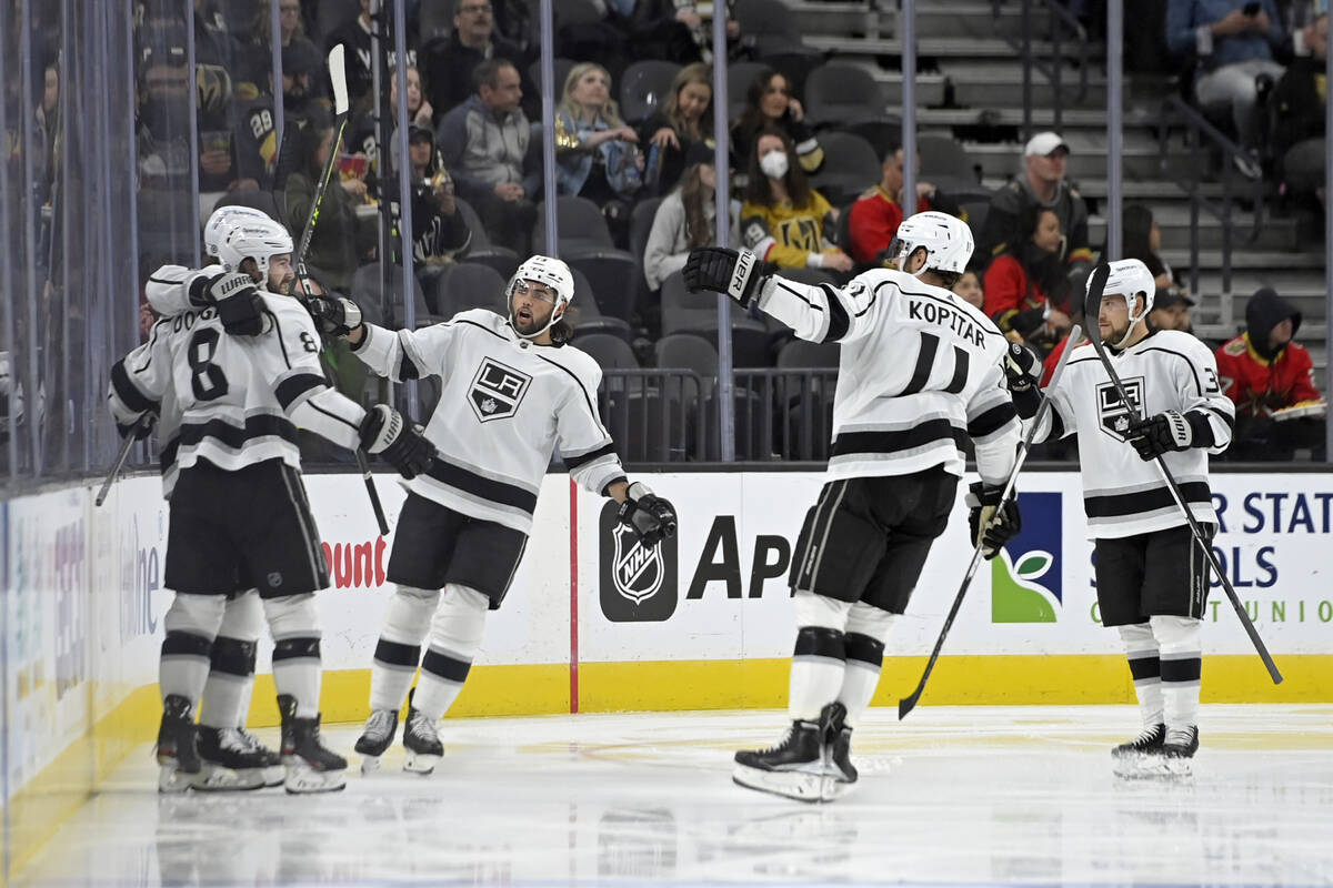 The Los Angeles Kings celebrate a goal against the Vegas Golden Knights during the second perio ...