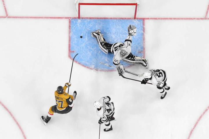 Vegas Golden Knights left wing Max Pacioretty (67) scores against Los Angeles Kings goaltender ...