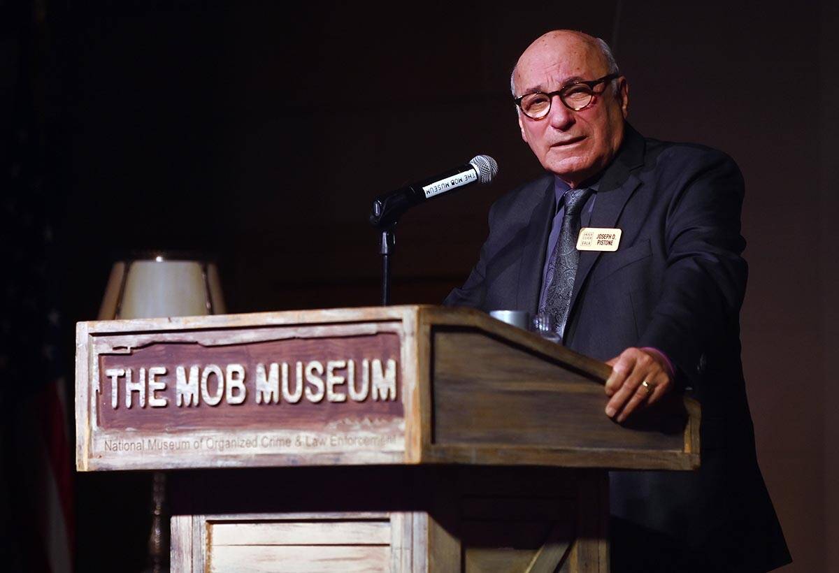 Former FBI agent Joe Pistone accepts an award at The Mob Museum's 10th Anniversary Fundraising ...