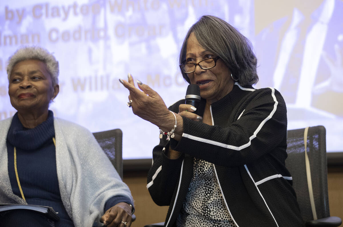 Eva Simmons, retired educator and former Area Superintendent for CCSD, speaks during “The Soc ...