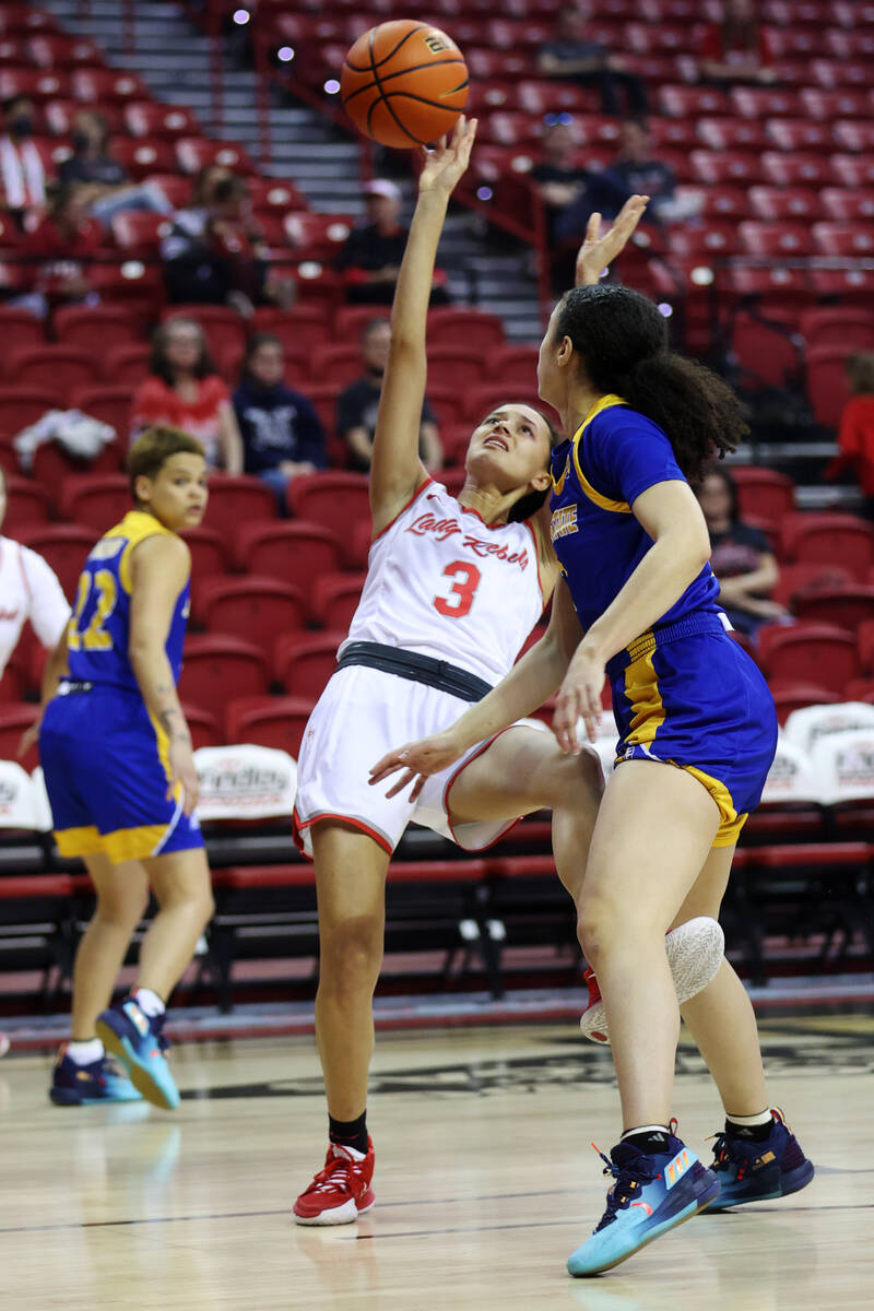 UNLV Lady Rebels Kiara Jackson (3) shoots the ball as she is fouled against the San Jose Sparta ...
