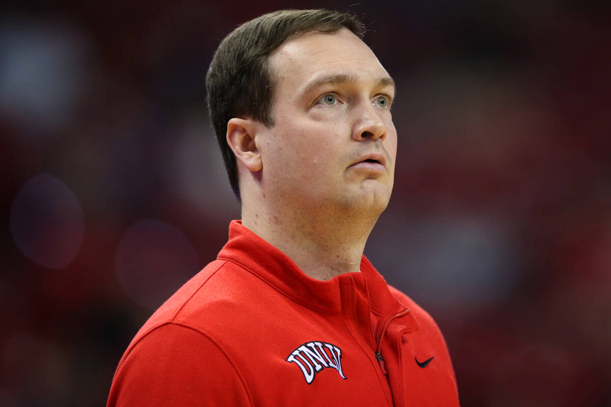 UNLV head coach Kevin Kruger looks on during the second half of a men’s basketball game ...