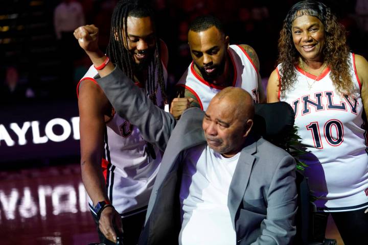 Former UNLV basketball player Robert Smith's number is retired during halftime of the UNLV-Colo ...