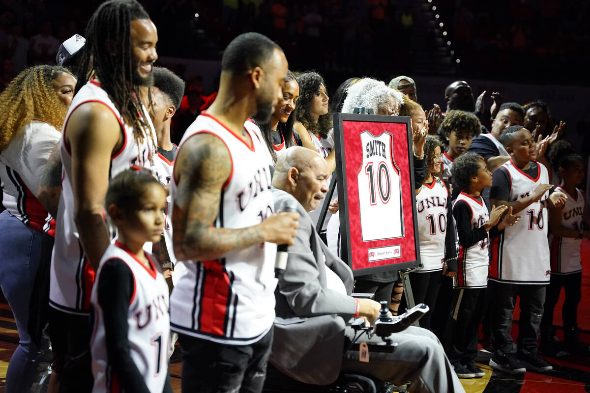 Former UNLV basketball player Robert Smith's number is retired during halftime of the UNLV-Colo ...