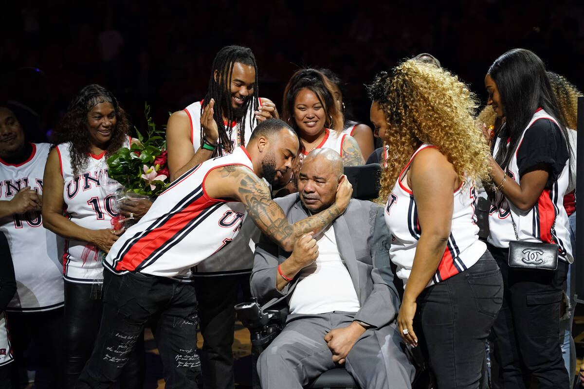 Former UNLV basketball player Robert Smith's number is retired during halftime of the UNLV-Colo ...