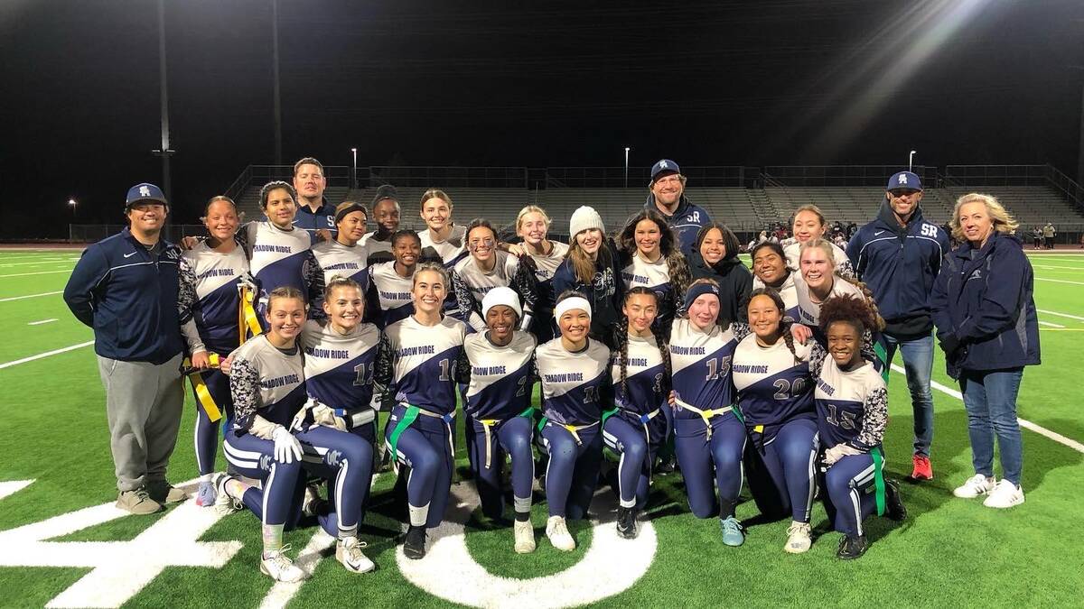The Shadow Ridge flag football team poses after a playoff win. The Mustangs will host Green Val ...