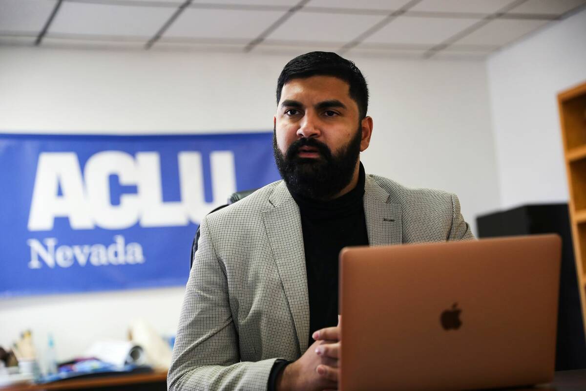 Athar Haseebullah, executive director of the American Civil Liberties Union Nevada, speaks to t ...