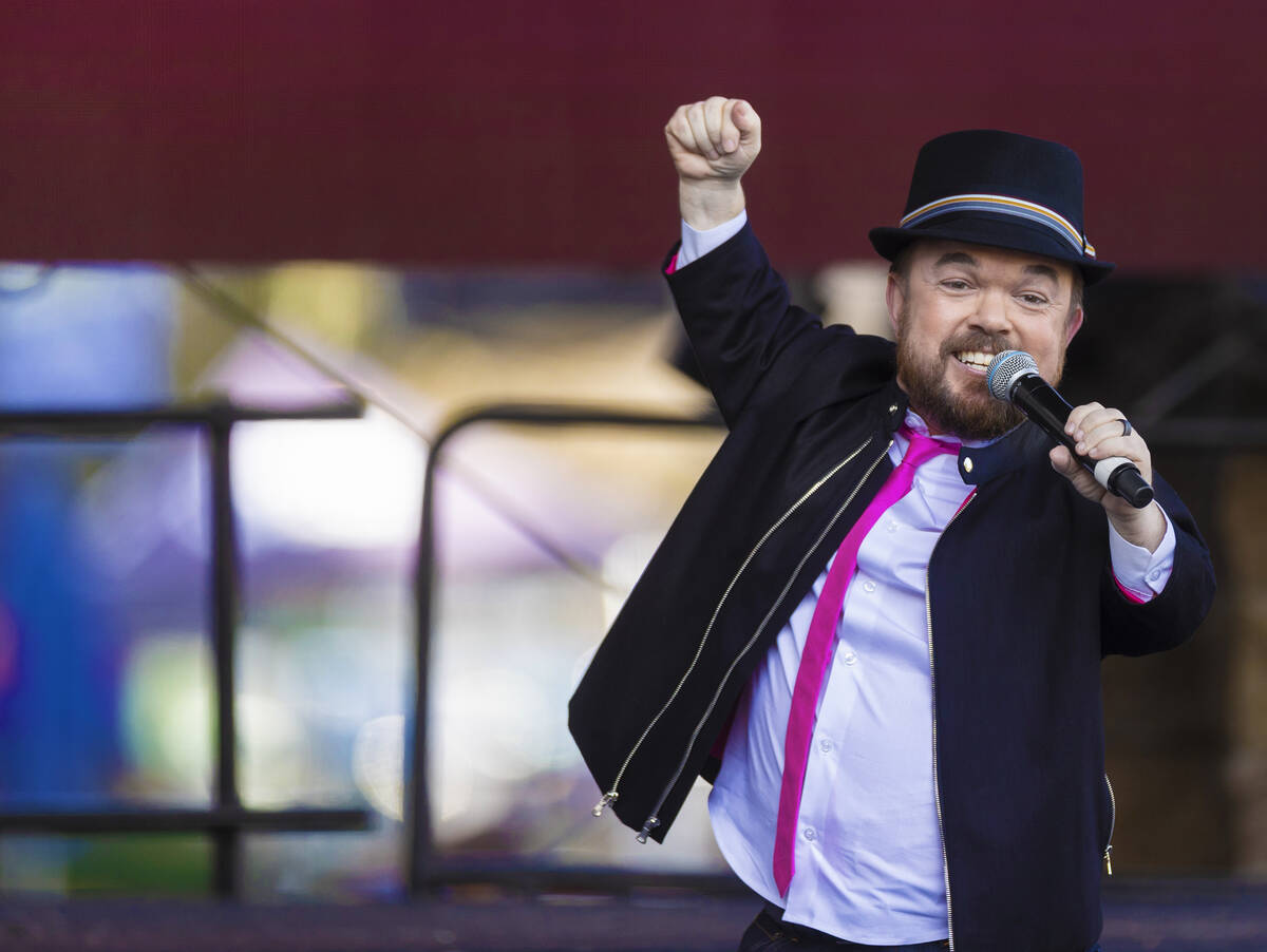 Comedian Brad Williams performs outside New York-New York during a preview for the new Cirque d ...