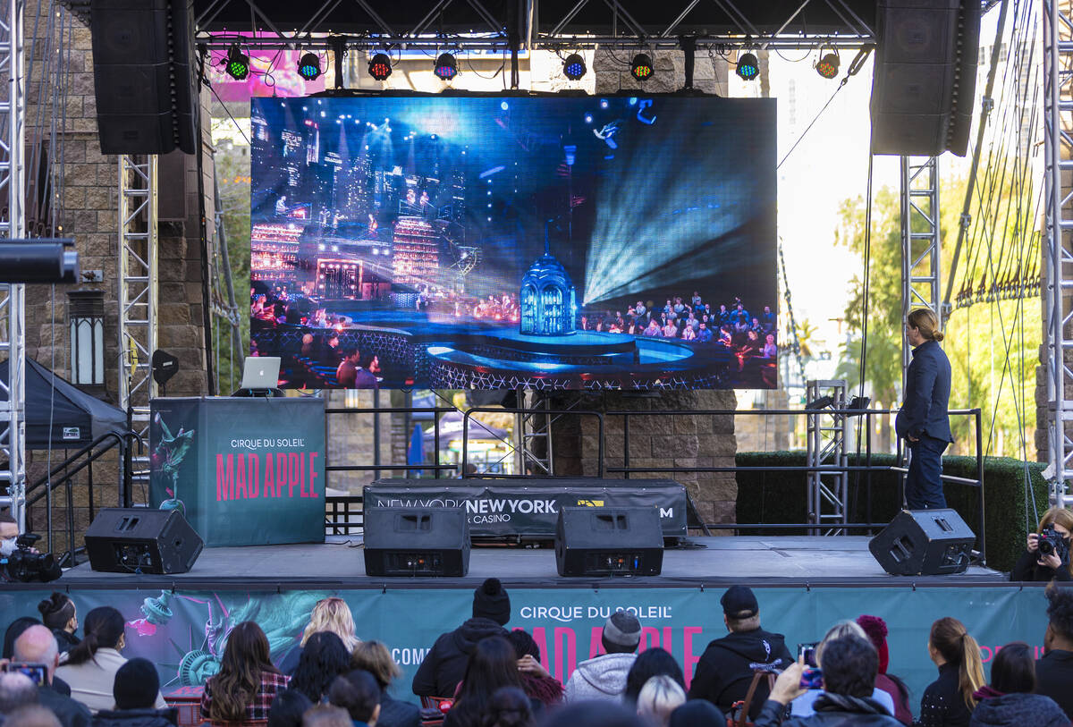 A video preview outside New York-New York for the new Cirque du Soleil show Mad Apple on Tuesda ...
