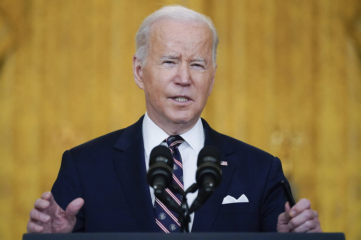 President Joe Biden speaks about Ukraine in the East Room of the White House, Tuesday, Feb. 22, ...