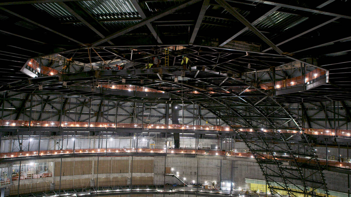 The highest sections of the immersive steel framework arch up to 240-feet above the venue floor ...