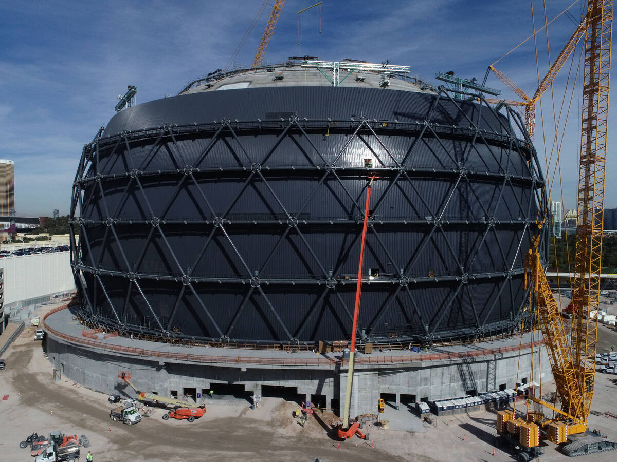 Work continues to progress on MSG Sphere’s exosphere, where crews have built the widest ...