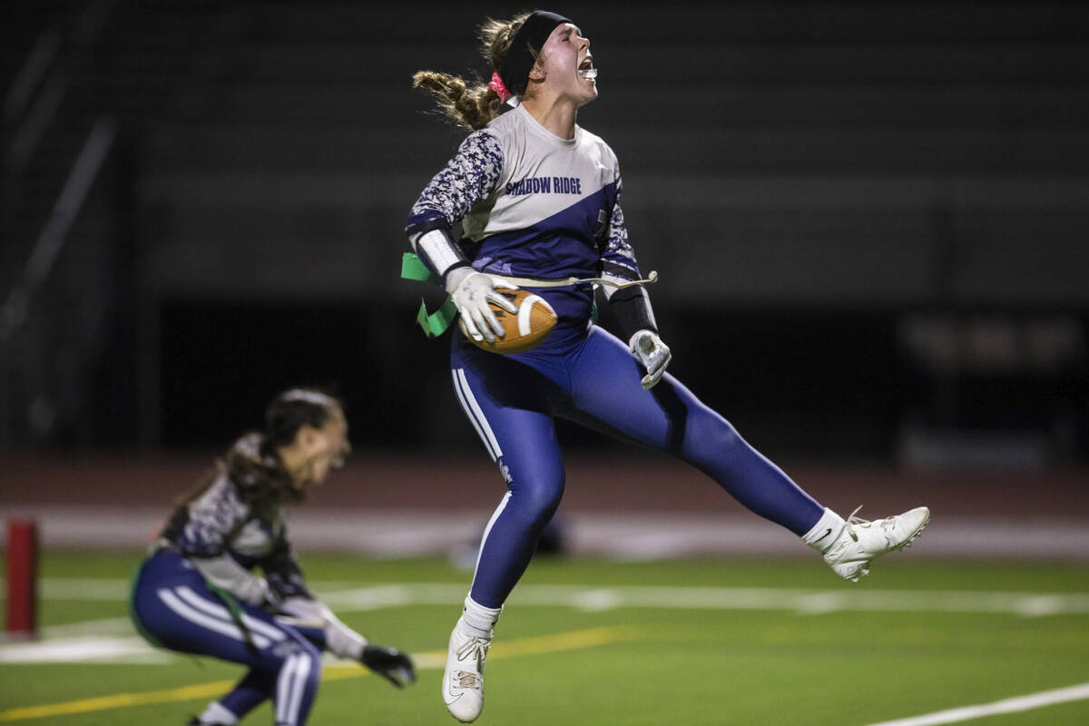 Shadow Ridge’s Breiana Bonkavich (7) leaps in the air after making a touchdown catch in ...