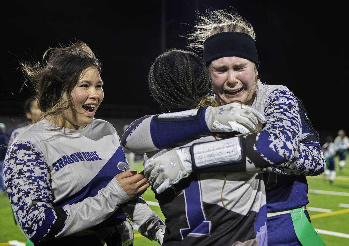 Shadow Ridge’s Breiana Bonkavich (7) celebrates with teammates Riyana Johnson (1) and Ma ...
