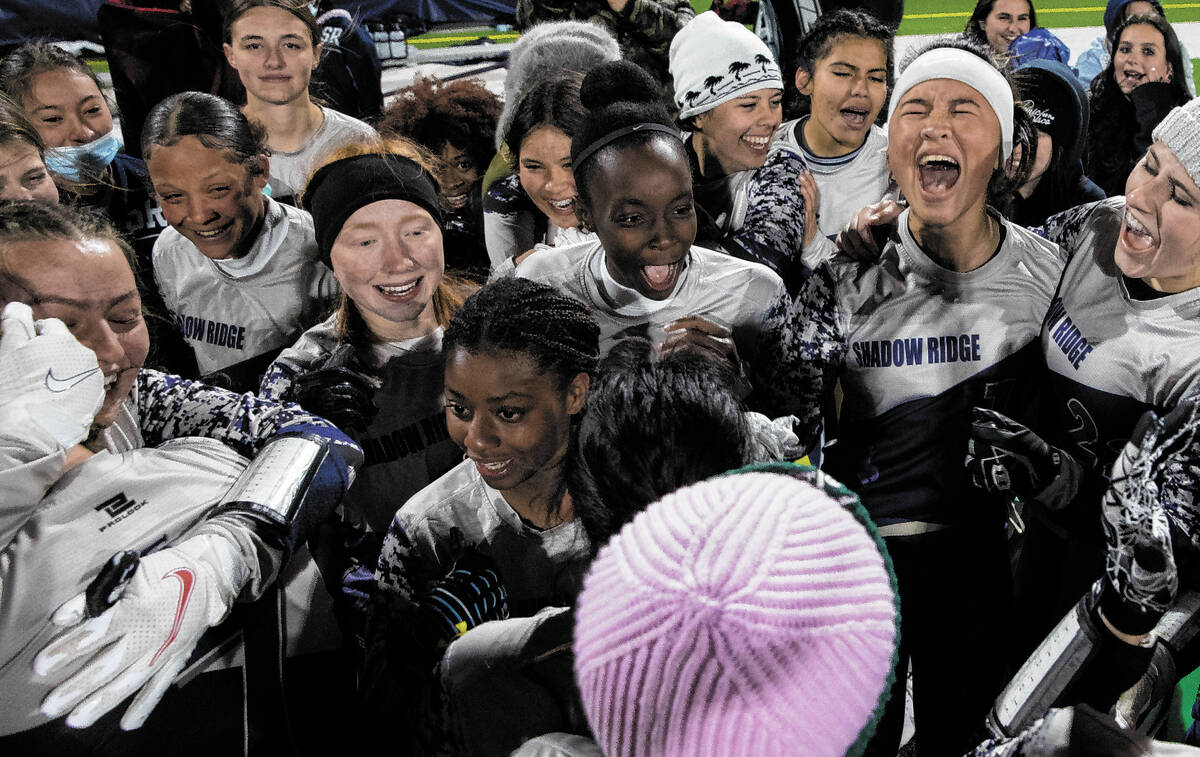 Shadow Ridge players celebrate after beating Green Valley to win the flag football state champi ...