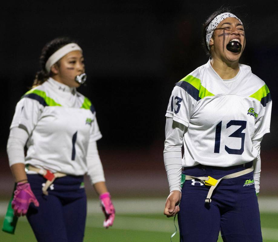 Green Valley’s Soriah Tafua (13) celebrates after scoring a touchdown in the first half ...
