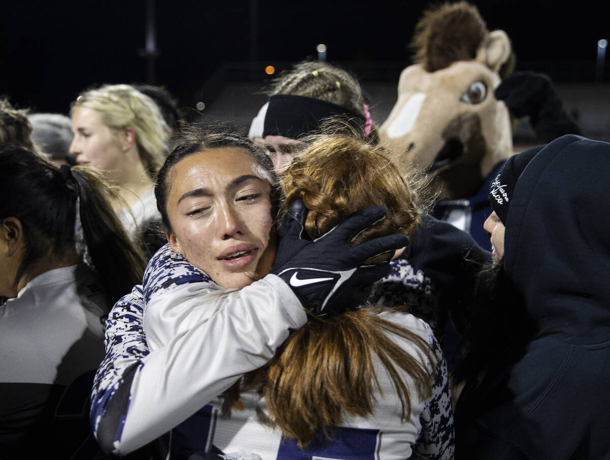 Shadow Ridge’s Makayla McEvoy (3) sheds tears of joy after beating Green Valley to win t ...
