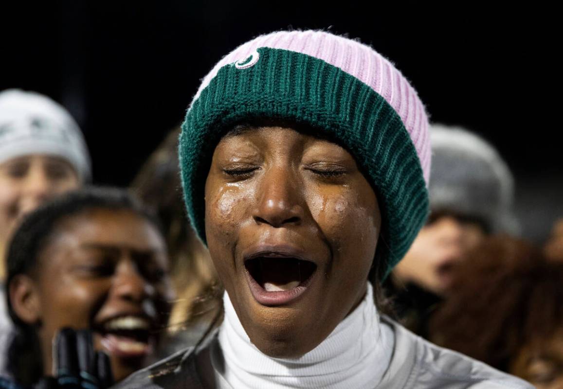 Shadow Ridge’s Dyva Jones (2) sheds tears of joy after beating Green Valley to win the f ...