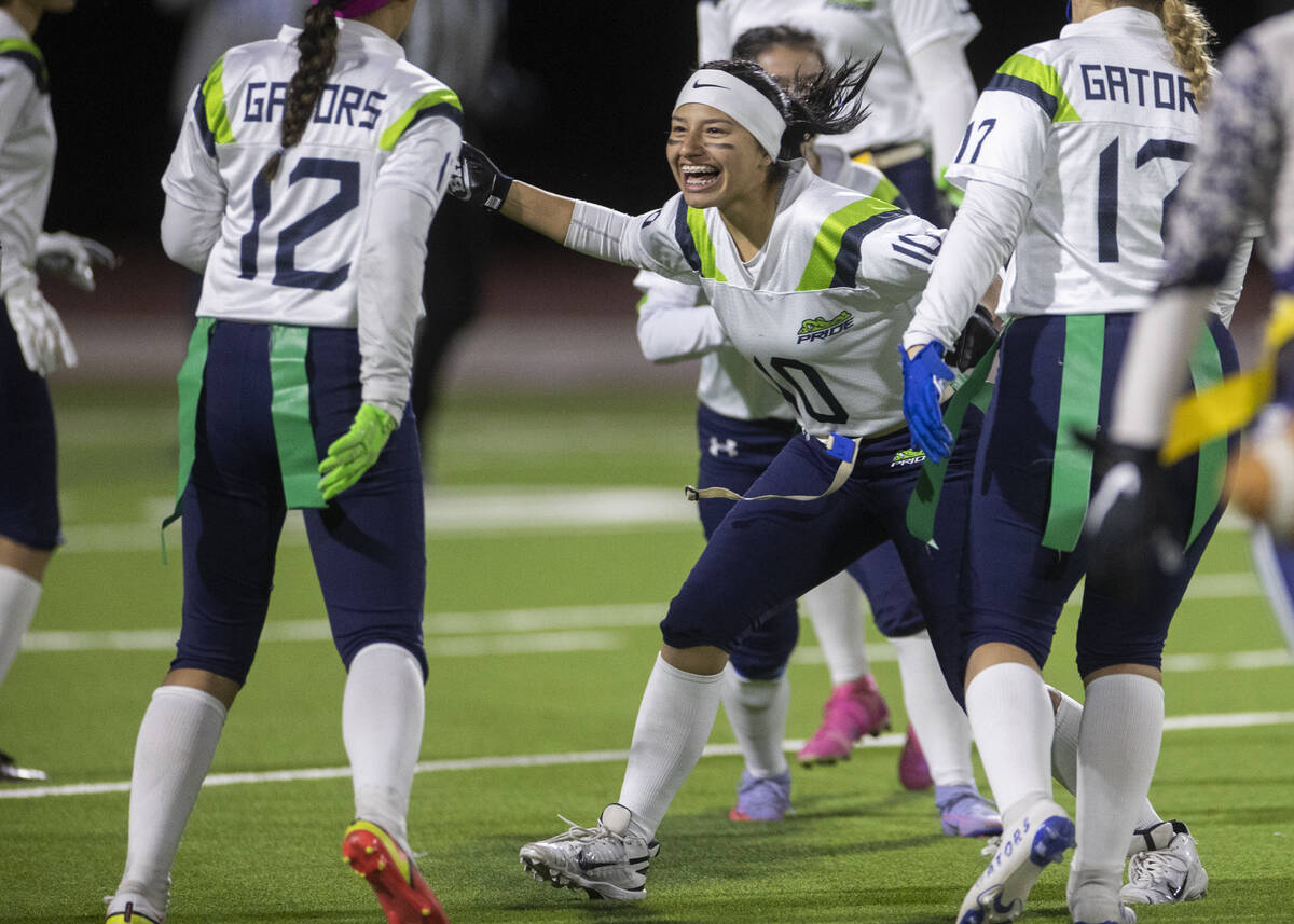 Green Valley’s Lylah Elizalde (10) celebrates a big play in the first half during the fl ...
