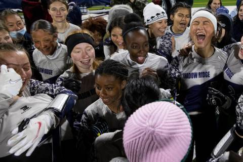 Shadow Ridge players celebrate after beating Green Valley to win the flag football state champi ...