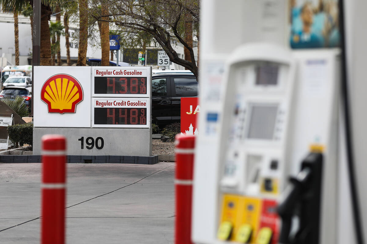 Gas prices posted at a Shell gas station in Las Vegas on Wednesday, Feb. 23, 2022. (Rachel Asto ...