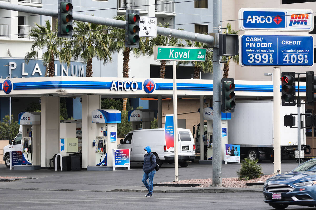 Prices posted at an Arco gas station in Las Vegas on Wednesday, Feb. 23, 2022. (Rachel Aston/La ...