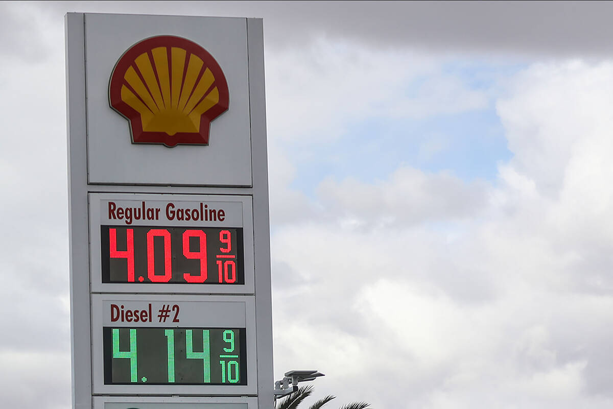 Prices posted at a Shell gas station in Las Vegas on Wednesday, Feb. 23, 2022. (Rachel Aston/La ...