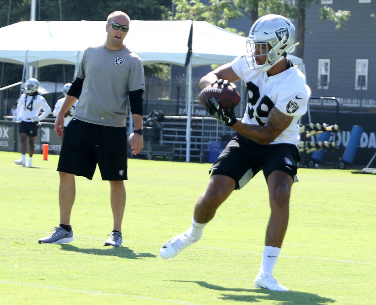 Oakland Raiders wide receiver Keelan Doss (89) catches the football as quality control offense ...