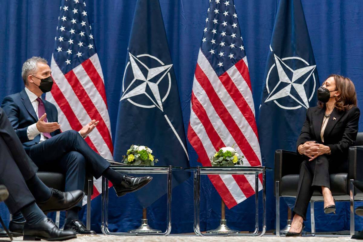Vice President Kamala Harris meets with NATO Secretary General Jens Stoltenberg, left, during t ...