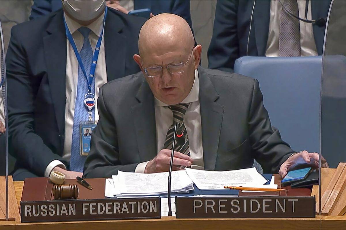 In this image from UNTV video, Vasily Nebenzya, Permanent Representative of Russia to the Unite ...