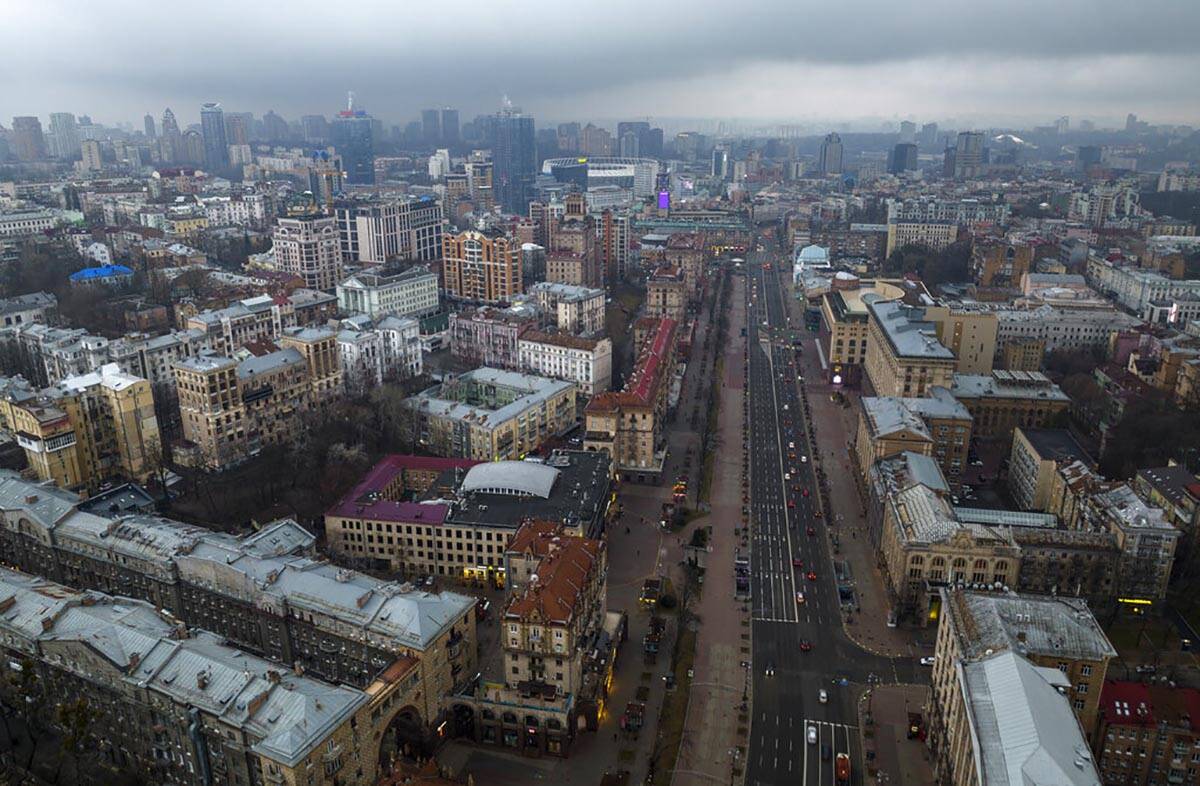 This photo shows a view of the city of Kyiv, Ukraine, Thursday, Feb. 24, 2022. Russian Presiden ...
