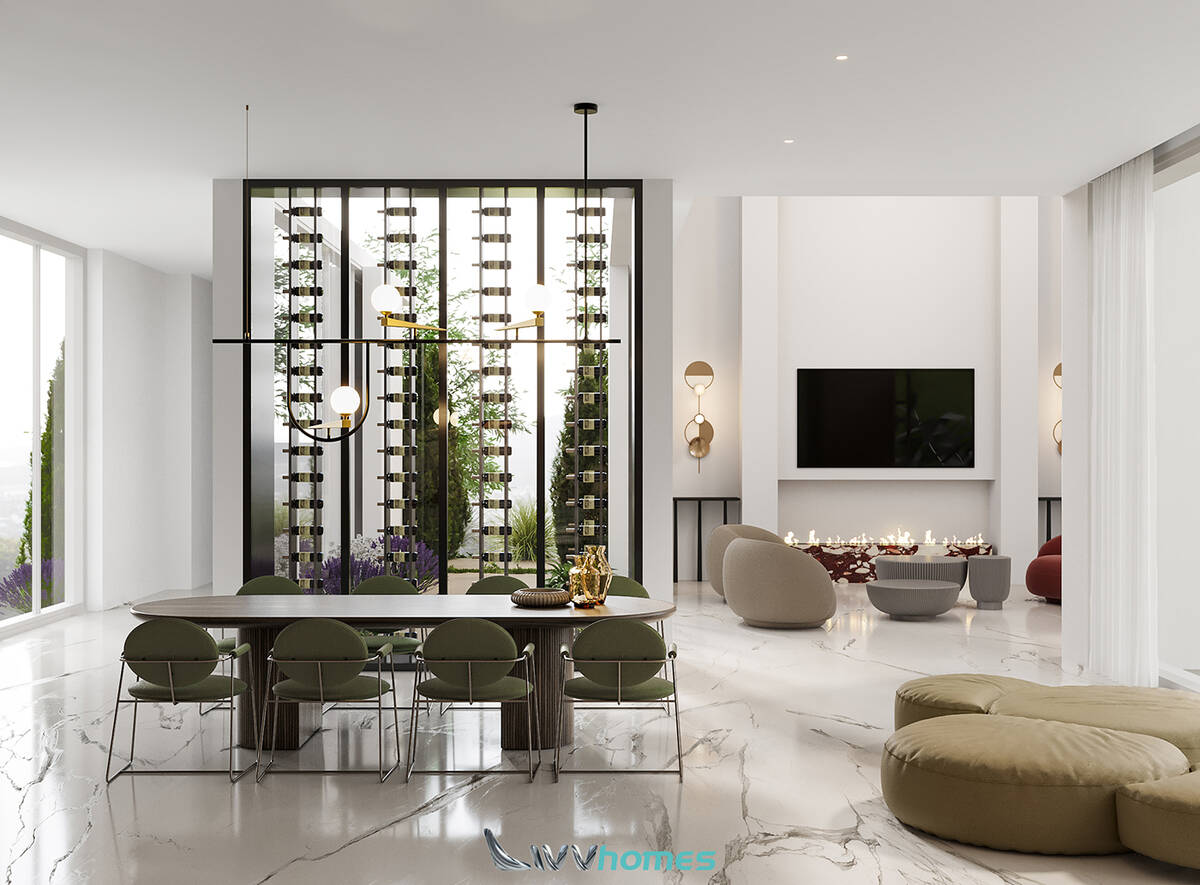 A dining room features a wine wall. (LIVV Homes)