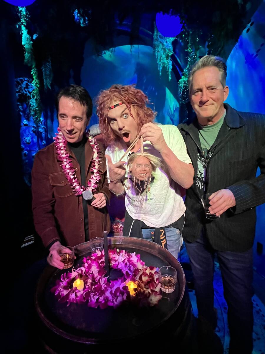 Tony Felicetta, Carrot Top and Anthony Cools are shown with Louie Anderson's shrunken head at T ...