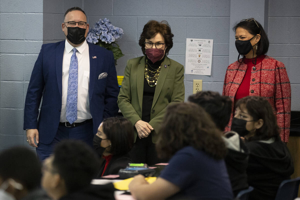 U.S. Secretary of Education Miguel Cardona, from left, U.S. Sen. Jacky Rosen and Nevada Superin ...