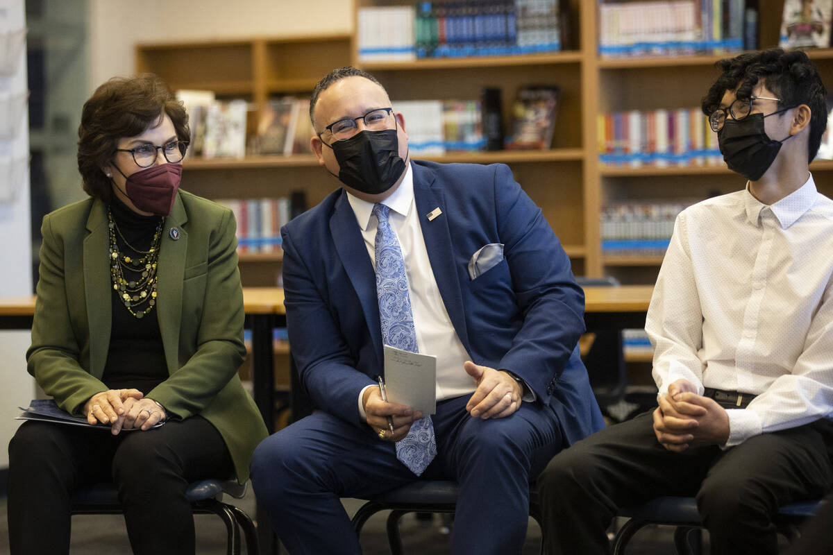 U.S. Sen. Jacky Rosen, from left, U.S. Secretary of Education Miguel Cardona, and student Migue ...