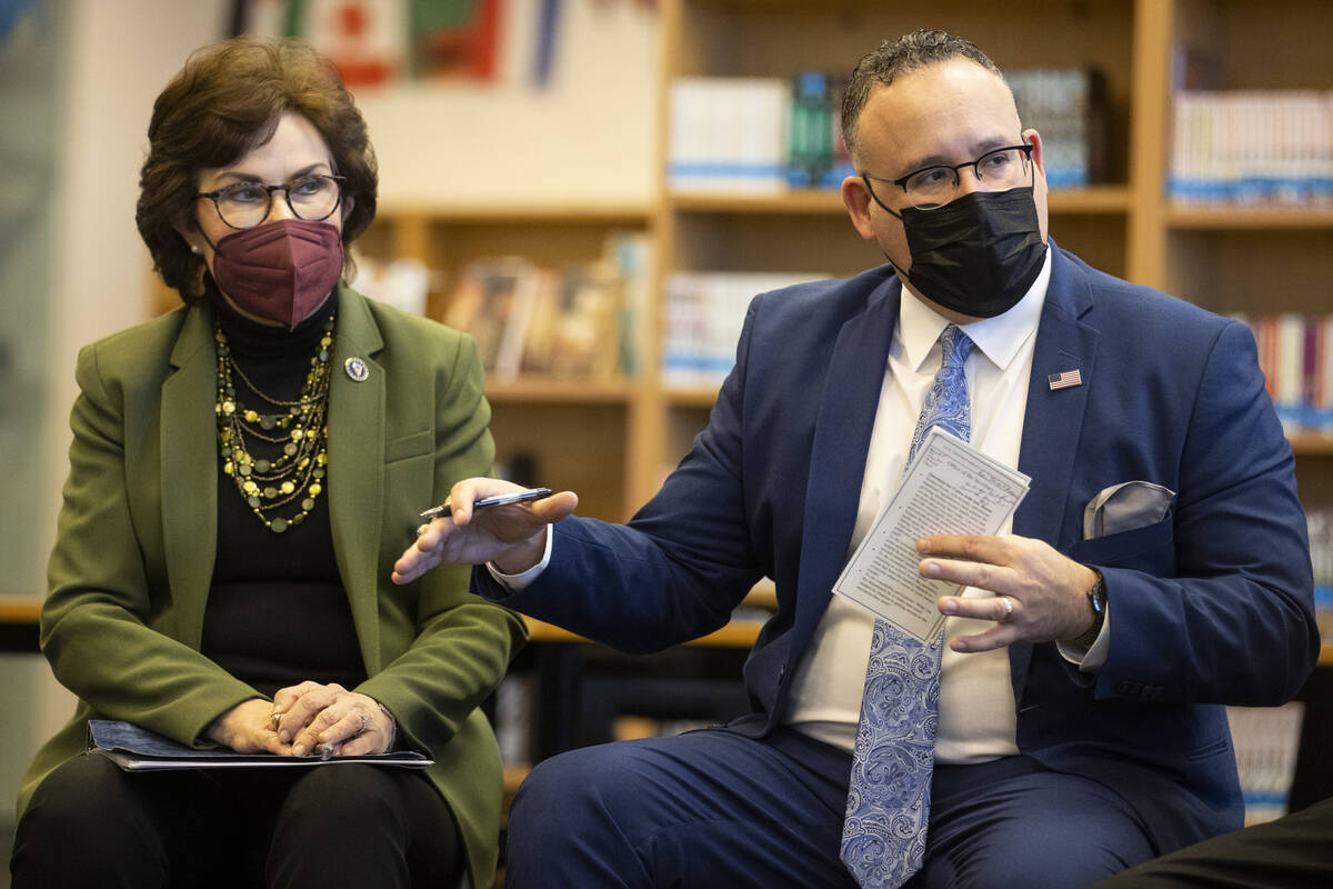 U.S. Sen. Jacky Rosen, left, and U.S. Secretary of Education Miguel Cardona, participate during ...