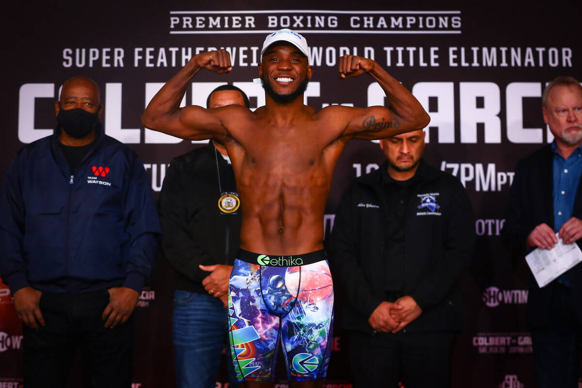 Undefeated junior lightweight Chris Colbert poses for a photo after weighing in for his fight a ...