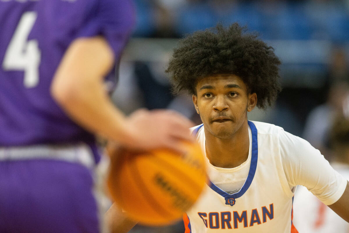 Bishop Gorman's Keenan Bey plays defense against Spanish Springs High School during the NIAA Cl ...