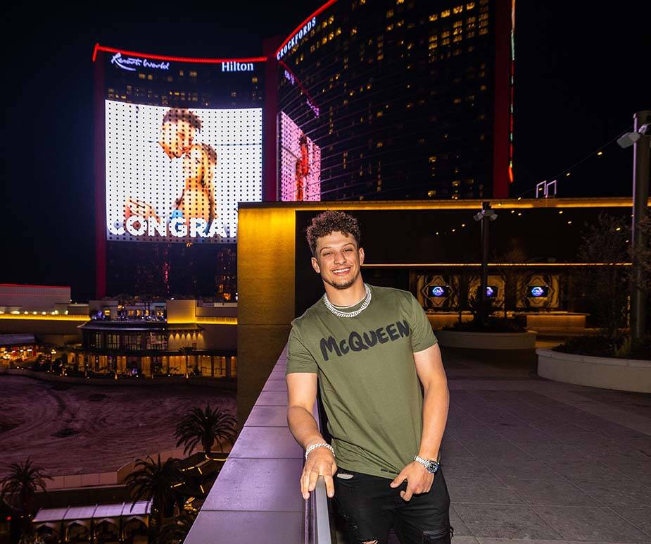 Kansas City Chiefs star quarterback, Patrick Mahomes, stands in front the LED screen at Resorts ...